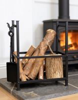 The Black Log Rack & Holder with Fireside Tools with Wood Stacked inside in a Modern White Living Room next to a Stove Heater - Digital Illustration