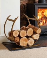 The Blacksmith Brass Finish Curved Log Rack next to a Country Cottage Fire place - Digital Illustration 