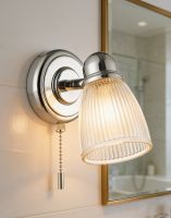 The Bright Chrome Bathroom Wall Light With Ribbed Glass Shade Fitted to a White Tile Wall - Digital Illustration The Bright Chrome Bathroom Wall Light With Ribbed Glass Shade Fitted to a White Tile Wall - Digital Illustration