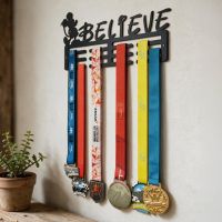 The Cartoon Mouse "Believe" Sports Medal Hanger  on a White Sunlit Wall in a Traditional Home - Digital Illustration
