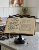 The Cast Iron Cook Book Stand in a Black Finish on a Modern Kitchen Countertop - Digital Illustration