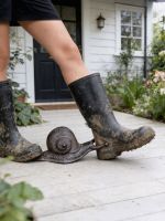 The Cast iron snail Boot Jack Shown Being Used Outdoors on a Patio to Remove a Welly Boot - Digital Illustration 