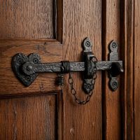 The Cast Iron Thumb Latch & Chain on a Traditional Dark Wooden Door in a Grand Home - Digital Illustration 