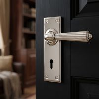 The Classic Fluted Period Lever Lock Suite Architectural Door Handle Set in Polished Nickel on a Door Leading to a Traditional Sitting Room - Digital Illustration 
