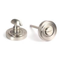 The Concealed Art Deco Bathroom Turn & Release Set in Satin Stainless Steel Showing the Front and the Back Section Side by Side