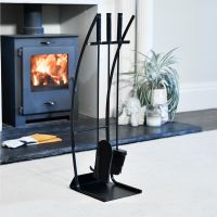 The Contemporary Curved Fireside Companion Set with a Wood Burner Stove Behind - Digital Illustration