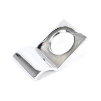 The Contemporary Curved Rim Cylinder Pull in Polished Stainless Steel on a White Background Shown at an Angle