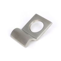 The Contemporary Curved Rim Cylinder Pull in Satin Stainless Steel on a White Background Shown at an Angle