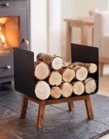 The Contemporary Steel & Wood Log Holder in Front of a Lit Log Burner in a Modern Home - Digital Illustration 