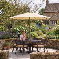 The Cotswold 2.7m Garden Parasol Premium Patio Umbrella Displayed in a Country Garden with a Lady Enjoying a Morning Coffee in the Sun - Digital Illustration The Cotswold 2.7m Garden Parasol Premium Patio Umbrella Displayed in a Country Garden with a Lady Enjoying a Morning Coffee in the Sun - Digital Illustration