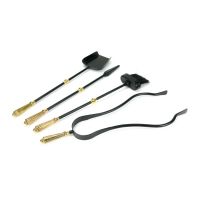 The Crescent Fireside Companion Set with Golden Reeded Handles in Matt Black Showing the Included Tools