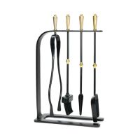 The Crescent Fireside Companion Set with Golden Reeded Handles in Matt Black Shown Stood up on a White Background