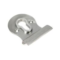 The Curved Euro Cylinder Door Pull Escutcheon in Satin Stainless Steel on a White Background Shown at an Angle