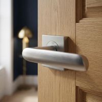 The Curved Lever Square Rose Door Handle Placed on a Natural Wooden Door Leading to a Living Room - Digital Illustration The Curved Lever Square Rose Door Handle Placed on a Natural Wooden Door Leading to a Living Room - Digital Illustration