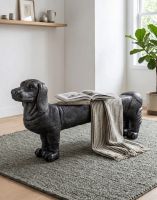 The Dachshund Black Dog Bench placed on a Grey Rug in a Modern Home with a Blanket Draped over it - Digital Illustration