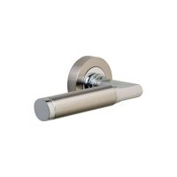 The Dual-Tone Satin and Polished Chrome Round Rose Door Handles - Lever Pair on a White Background