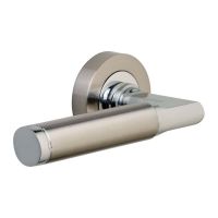 The Dual-Tone Satin and Polished Chrome Round Rose Door Handles - Lever Pair on a White Background