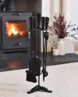 The Elcot Fireside Companion Set with a Wood Burner Stove Behind - Digital Illustration