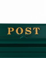 The Forest Green "Oxford" Wall Mounted Post Box with Gold Detail Looking at the Writing on the Top of Lid