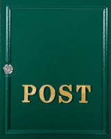 The Forest Green "Oxford" Wall Mounted Post Box with Gold Detail Looking Close up at the Gold Lettering that Says Post on the Front
