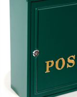 The Forest Green "Oxford" Wall Mounted Post Box with Gold Detail Showing a Close up of the Key Lock