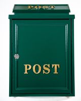 The Forest Green "Oxford" Wall Mounted Post Box with Gold Detail Shown from the Front on a White Background 