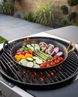 The Forge & Ember Vegetable Grill shown on a Lit BBQ Grilling vegetables - Digital Illustration 
