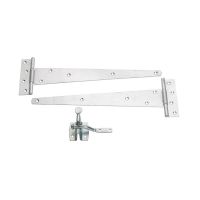 The Galvanised 350mm (14") Door Hardware Kit - Complete Tee Hinges & Auto Latch Pack on a White Background 