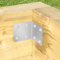 The Galvanised Railway Sleeper Internal Corner Support Bracket Fixed on a White Background a Wooden Raised Planter