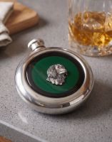 The Golden Retriever Whiskey Flask on a Speckled Countertop with a Glass of Scotch - Digital Illustration