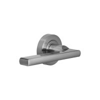 The Graphite and Chrome Round Rose Door Handles - Modern Lever Pair on a White Background