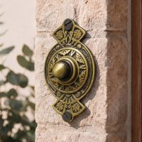 The “Hampern Close” Antique Brass Decorative Bell Push Fitted on a Sunny Stone Wallk next to a Front Door - Digital Illustration