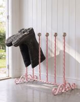 The Hazelbryn Pastel Pink 3 Pair Boot Rack Placed In a Contemporary Wooden Cottage Porch - Digital Illustration 