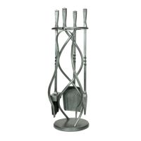 The Helix Fireside Companion Set with Classic Handles in Pewter Shown Stood up on a White Background