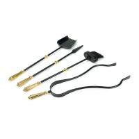 The Helix Fireside Companion Set with Golden Reeded Handles in Matt Black Showing the Included Tools