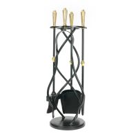 The Helix Fireside Companion Set with Golden Reeded Handles in Matt Black Shown Stood up on a White Background