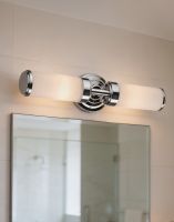The The Horizontal Polished Chrome Dual Light above a Mirror in a Tiled Bathroom - Digital Illustration The The Horizontal Polished Chrome Dual Light above a Mirror in a Tiled Bathroom - Digital Illustration