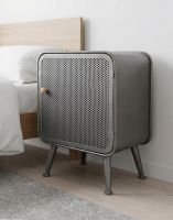 The Industrial Mesh Bedside Cabinet with Wooden Handle on a Vinyl Floor Bedroom next to a White Linen Bed - Digital Illustration The Industrial Mesh Bedside Cabinet with Wooden Handle on a Vinyl Floor Bedroom next to a White Linen Bed - Digital Illustration