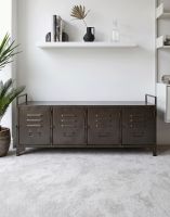 The Industrial Metal Locker Side Cabinet Positioned in a White Living Room with Four Compartments - Digital Illustration The Industrial Metal Locker Side Cabinet Positioned in a White Living Room with Four Compartments - Digital Illustration