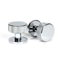The Knurled Mortice/Rim Knob Set on a Plain Rose in Polished Chrome Shown Upright and on its Side on a White Background The Knurled Mortice/Rim Knob Set on a Plain Rose in Polished Chrome Shown Upright and on its Side on a White Background