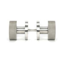 The Knurled Mortice/Rim Knob Set on a Plain Rose in Satin Stainless Steel Shown Screwed Together from the Side The Knurled Mortice/Rim Knob Set on a Plain Rose in Satin Stainless Steel Shown Screwed Together from the Side