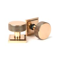 The Knurled Mortice/Rim Knob Set on a Square Rose in Polished Bronze Shown Upright and on its Side The Knurled Mortice/Rim Knob Set on a Square Rose in Polished Bronze Shown Upright and on its Side