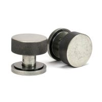 The Knurled Mortice/Rim Knob Set on an Art Deco Rose in Pewter Shown Upright and on its Side The Knurled Mortice/Rim Knob Set on an Art Deco Rose in Pewter Shown Upright and on its Side