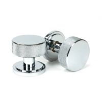 The Knurled Mortice/Rim Knob Set on an Art Deco Rose in Polished Chrome Shown Upright and on its Side The Knurled Mortice/Rim Knob Set on an Art Deco Rose in Polished Chrome Shown Upright and on its Side