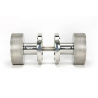 The Knurled Mortice/Rim Knob Set on an Art Deco Rose in Polished Stainless Steel Shown Screwed Together from the Side The Knurled Mortice/Rim Knob Set on an Art Deco Rose in Polished Stainless Steel Shown Screwed Together from the Side