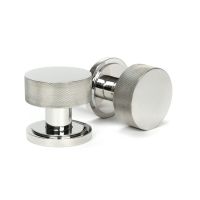 The Knurled Mortice/Rim Knob Set on an Art Deco Rose in Polished Stainless Steel Shown Upright and on its Side The Knurled Mortice/Rim Knob Set on an Art Deco Rose in Polished Stainless Steel Shown Upright and on its Side