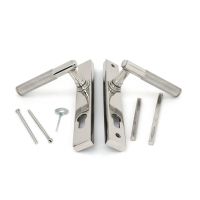 The Knurled Slimline Lever Espagnolette Door Handle Set in Polished Stainless Steel Showing all Components Including Spindles and Screws