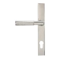 The Knurled Slimline Lever Espagnolette Door Handle Set in Polished Stainless Steel Shown on a White Background with Handle to the Left
