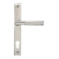 The Knurled Slimline Lever Espagnolette Door Handle Set in Polished Stainless Steel Shown on a White Background with Handle to the Right
