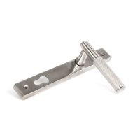 The Knurled Slimline Lever Espagnolette Door Handle Set in Satin Stainless Steel Shown Lying it on its Side on a White Background